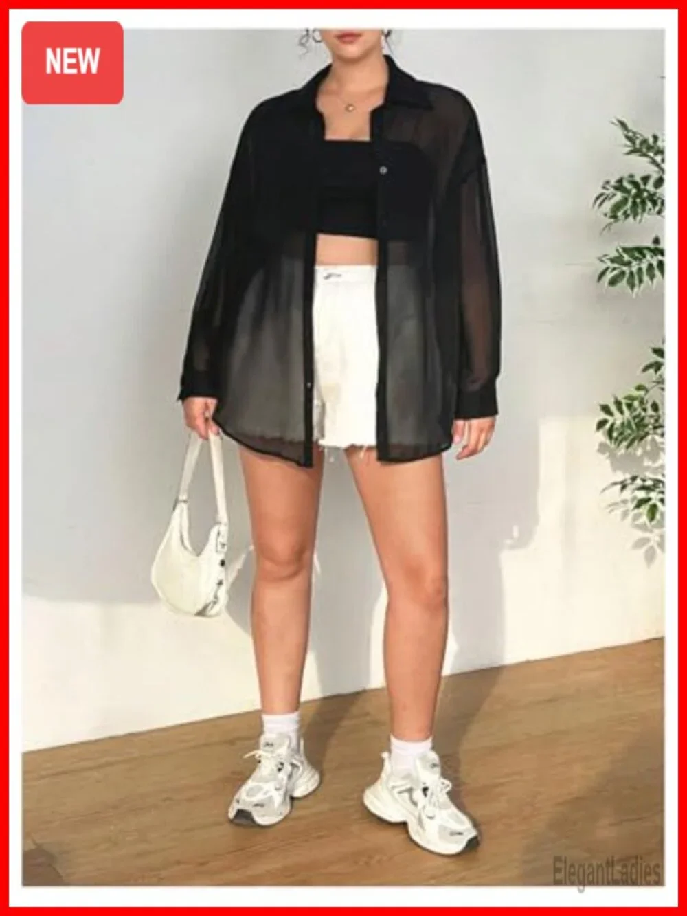 Plus Size Mesh See Through Long Sleeve Button Down Blouse Top